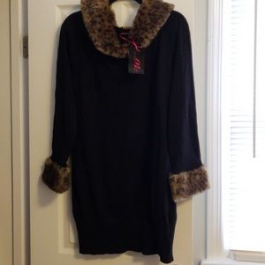 Black knit dress with faux fur collar